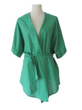 Commense Green Oversized Wrap Top Large Kimono Sleeves Belted Linen Cotton